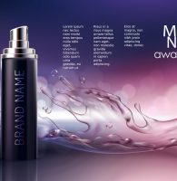 Vector 3D illustration for the promotion of cosmetic moisturizing and nourishing premium product. Matt black bottle with the open cap on a dark background with watery texture